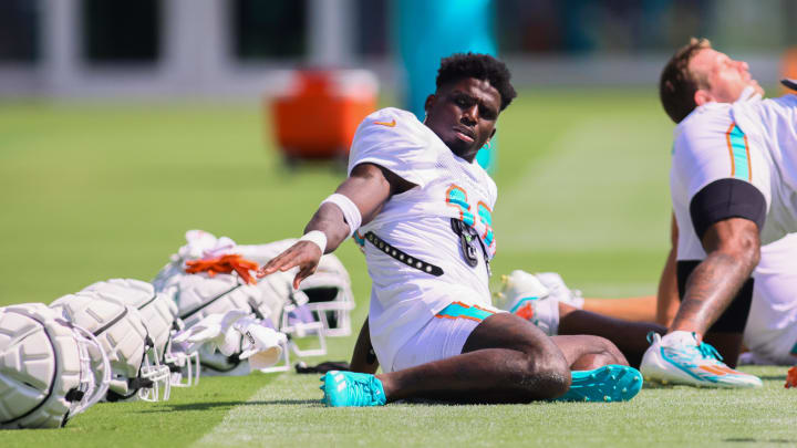 Miami Dolphins wide receiver Tyreek Hill (10) works out during training camp at Baptist Health Training Complex.