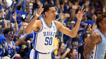 Mar 7, 2020; Durham, North Carolina, USA; Duke Blue Devils forward Justin Robinson (50) gestures after hitting a three-pointer during the first half against the North Carolina Tar Heels.
