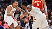 Nov 2, 2025; Cleveland, Ohio, USA; Cleveland Cavaliers guard Jaylon Tyson (20) celebrates with Cleveland Cavaliers guard Donovan Mitchell (45) during the first half against the Atlanta Hawks at Rocket Arena. Mandatory Credit: Ken Blaze-Imagn Images