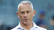 Jul 3, 2025; Chicago, Illinois, USA; Chicago Cubs president of baseball operations Jed Hoyer speaks before a baseball game between the Chicago Cubs and Cleveland Guardians at Wrigley Field.