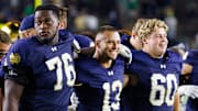 Notre Dame quarterback CJ Carr (13) celebrates after winning a NCAA football game 56-30 against Purdue at Notre Dame Stadium on Saturday, Sept. 20, 2025, in South Bend.