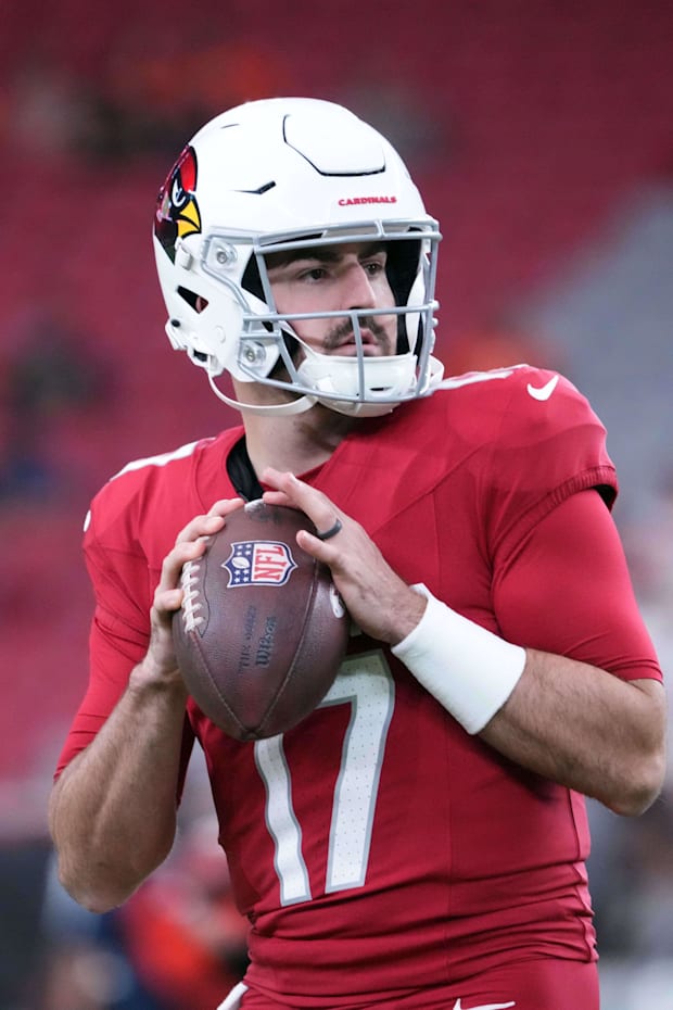 Arizona Cardinals quarterback David Blough (17) warms up prior to facing the Denver Broncos