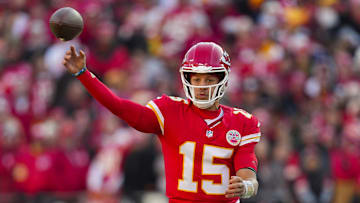 Nov 29, 2024; Kansas City, Missouri, USA; Kansas City Chiefs quarterback Patrick Mahomes (15) throws a pass during the first half against the Las Vegas Raiders at GEHA Field at Arrowhead Stadium.