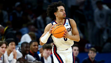 Gonzaga Bulldogs guard Ryan Nembhard (0) looks to pass in the second half of a first round men’s NCAA Tournament game against the Georgia Bulldogs at Intrust Bank Arena