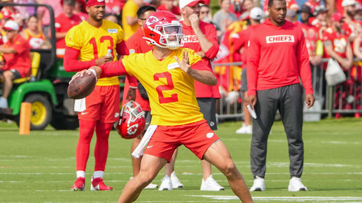 Jul 22, 2024; St. Joseph, MO, USA; Kansas City Chiefs quarterback Ian Book (2) throws a pass during training camp at Missouri Western State University. Mandatory Credit: Denny Medley-USA TODAY Sports