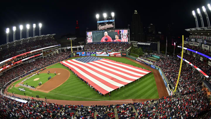 Oct 15, 2022; Cleveland, Ohio, USA; A general view of the field during the playing of the national