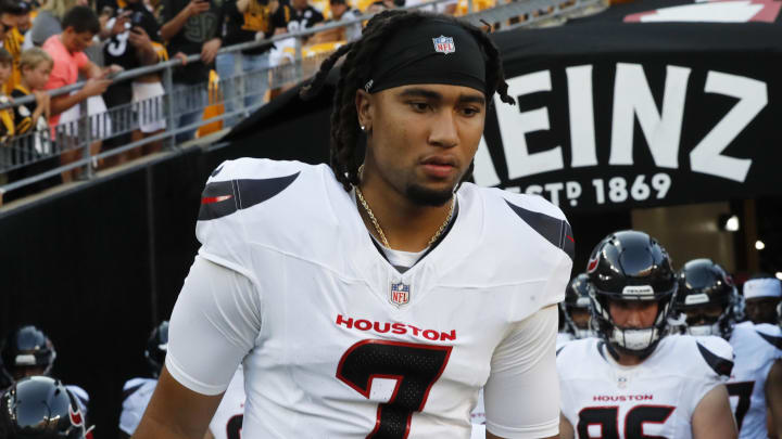 Aug 9, 2024; Pittsburgh, Pennsylvania, USA;  Houston Texans quarterback C.J. Stroud (7) takes the field against the Pittsburgh Steelers during the first quarter at Acrisure Stadium. Mandatory Credit: Charles LeClaire-USA TODAY Sports