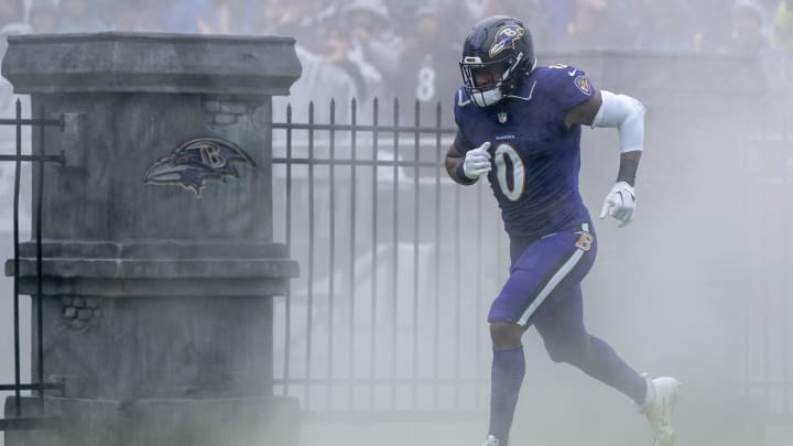 Dec 10, 2023; Baltimore, Maryland, USA;  Baltimore Ravens linebacker Roquan Smith (0) takes the field before a game against the Los Angeles Rams at M&T Bank Stadium. Mandatory Credit: Jessica Rapfogel-USA TODAY Sports