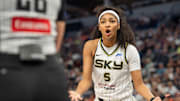 Chicago Sky forward Angel Reese speaks with a referee on Jul 6, 2025.