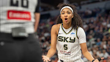 Jul 6, 2025; Minneapolis, Minnesota, USA; Chicago Sky forward Angel Reese (5) interacts with the referee after a call against her in the first quarter against the Minnesota Lynx at Target Center. Mandatory Credit: Matt Blewett-Imagn Images