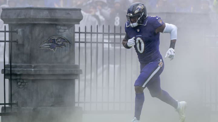 Dec 10, 2023; Baltimore, Maryland, USA;  Baltimore Ravens linebacker Roquan Smith (0) takes the field before a game against the Los Angeles Rams at M&T Bank Stadium. Mandatory Credit: Jessica Rapfogel-USA TODAY Sports