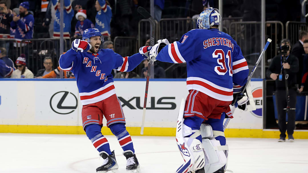 Dec 20, 2025; New York, New York, USA; New York Rangers center Vincent Trocheck (16) celebrates with goaltender Igor Shesterkin (31) after defeating the Philadelphia Flyers in a shootout at Madison Square Garden. Mandatory Credit: Brad Penner-Imagn Images