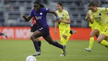 Oct 6, 2024; Orlando, Florida, USA; Orlando Pride forward Barbra Banda (22) chases the ball in the first half against the Washington Spirit at Inter&Co Stadium. Mandatory Credit: Russell Lansford-Imagn Images