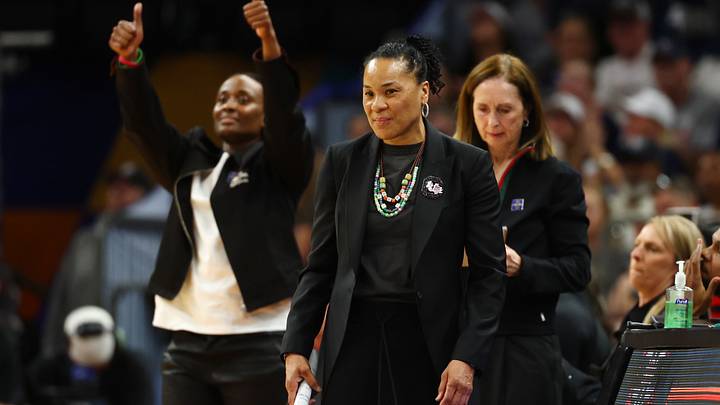 Apr 3, 2026; Phoenix, AZ, USA; South Carolina Gamecocks head coach Dawn Staley against the UConn Huskies during the semifinal of the Final Four of the women's 2026 NCAA Tournament at Mortgage Matchup Center. Mandatory Credit: Mark J. Rebilas-Imagn Images