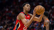 Apr 7, 2023; New Orleans, Louisiana, USA;  New Orleans Pelicans guard Trey Murphy III (25) shoots a free throw against the New York Knicks during the second half at Smoothie King Center. 