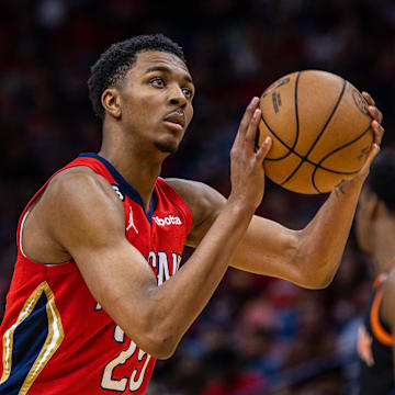 Apr 7, 2023; New Orleans, Louisiana, USA;  New Orleans Pelicans guard Trey Murphy III (25) shoots a free throw against the New York Knicks during the second half at Smoothie King Center. 