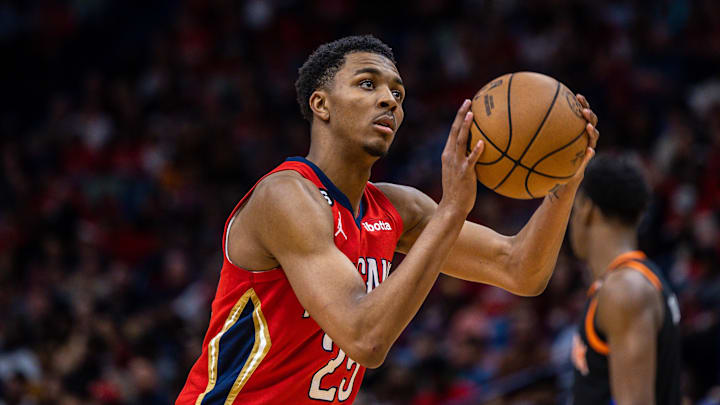 Apr 7, 2023; New Orleans, Louisiana, USA;  New Orleans Pelicans guard Trey Murphy III (25) shoots a free throw against the New York Knicks during the second half at Smoothie King Center. 