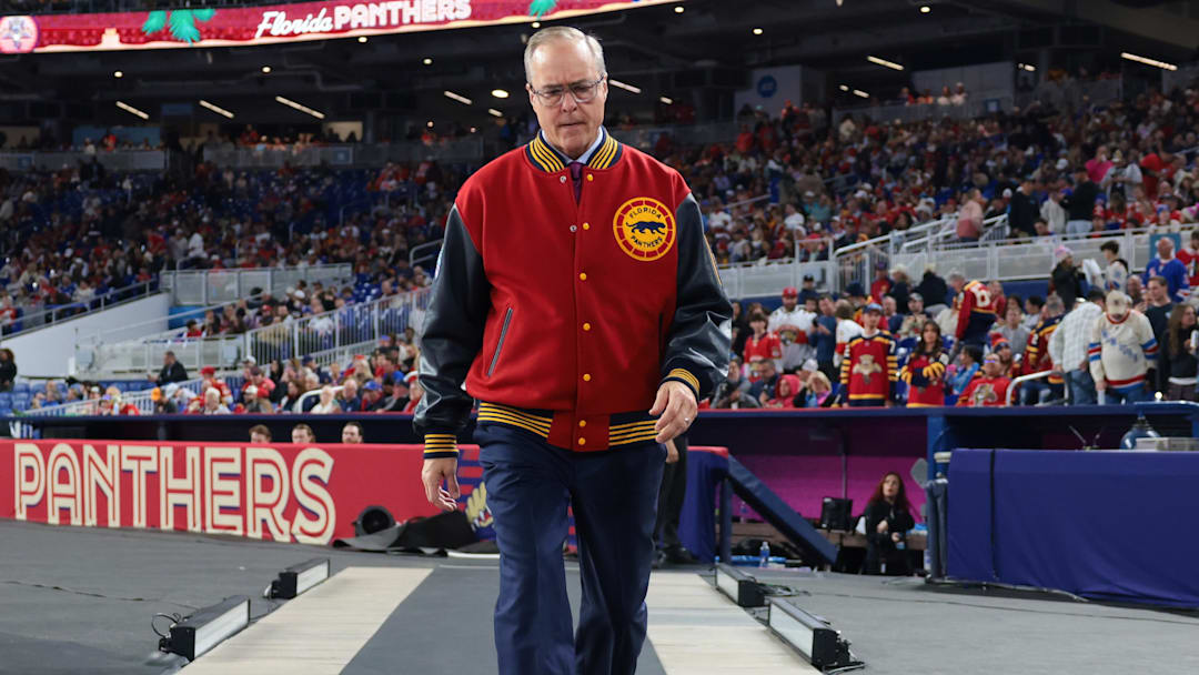 Jan 2, 2026; Miami, Florida, USA; Florida Panthers head coach Paul Maurice walks to the ice prior to the second period in the 2026 Winter Classic ice hockey game against the New York Rangers at loanDepot Park. Mandatory Credit: Sam Navarro-Imagn Images