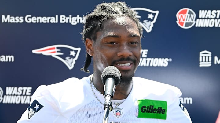 Jul 23, 2025; Foxborough, MA, USA; New England Patriots wide receiver Stefon Diggs (8) addresses the media after practice during day one of training camp at Gillette Stadium. Mandatory Credit: Eric Canha-Imagn Images