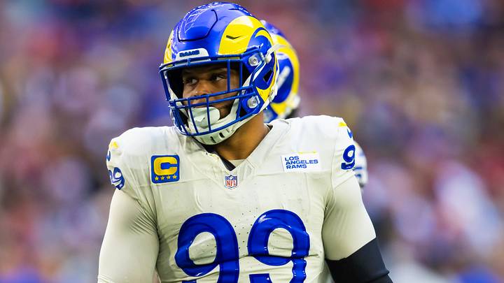 Nov 26, 2023; Glendale, Arizona, USA; Los Angeles Rams defensive tackle Aaron Donald (99) Mandatory Credit: Mark J. Rebilas-USA TODAY Sports