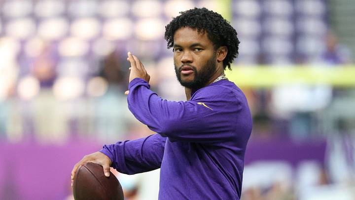Aug 22, 2026; Minneapolis, Minnesota, USA; Minnesota Vikings quarterback Kyler Murray (1) warms up before the game against the Baltimore Ravens at U.S. Bank Stadium. Mandatory Credit: Matt Krohn-Imagn Images