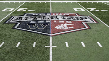 Nov 23, 2018; Pullman, WA, USA; This years Apple Cup logo is seen at Martin Stadium before a game between the Washington State Cougars and Washington State Cougars. Mandatory Credit: James Snook-Imagn Images