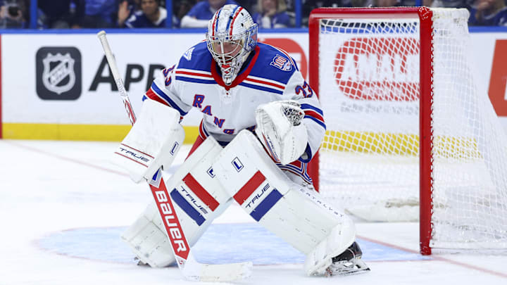 Apr 15, 2026; Tampa, Florida, USA; New York Rangers goaltender Dylan Garand (33) looks on against the Tampa Bay Lightning in the third period at Benchmark International Arena.
