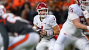 Nov 1, 2025; Corvallis, Oregon, USA; Washington State Cougars quarterback Zevi Eckhaus (4) looks for a receiver in the end zone against the Oregon State Beavers during the second quarter at Reser Stadium. Mandatory Credit: Craig Strobeck-Imagn Images