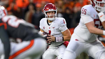 Nov 1, 2025; Corvallis, Oregon, USA; Washington State Cougars quarterback Zevi Eckhaus (4) looks for a receiver in the end zone against the Oregon State Beavers during the second quarter at Reser Stadium. Mandatory Credit: Craig Strobeck-Imagn Images