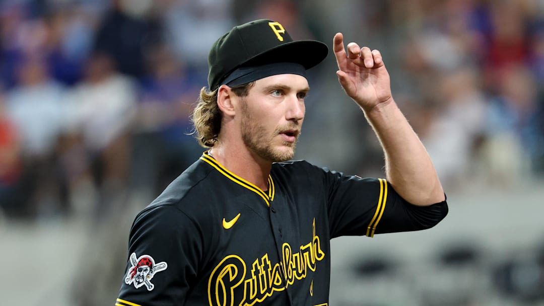 Apr 22, 2026; Arlington, Texas, USA;  Pittsburgh Pirates pitcher Braxton Ashcraft (35) reacts after the first inning against the Texas Rangers at Globe Life Field. Mandatory Credit: Kevin Jairaj-Imagn Images