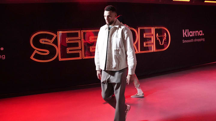  Chicago Bulls guard Zach LaVine (8) walks into the United Center before a game against the Houston Rockets. Mandatory Credit: