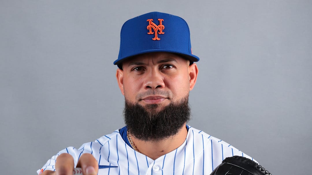 Feb 19, 2026; Port St. Lucie, FL, USA; New York Mets pitcher Luis Garcia (40) poses for a photo during media day at Clover Park. Mandatory Credit: Sam Navarro-Imagn Images