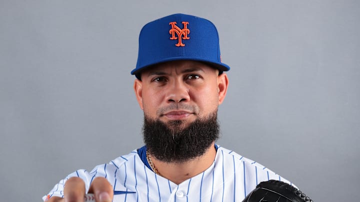 Feb 19, 2026; Port St. Lucie, FL, USA; New York Mets pitcher Luis Garcia (40) poses for a photo during media day at Clover Park. Mandatory Credit: Sam Navarro-Imagn Images