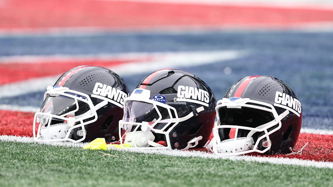 Dec 14, 2025; East Rutherford, New Jersey, USA; New York Giants helmets on the field before the game between the Giants and the Washington Commanders at MetLife Stadium. Mandatory Credit: Vincent Carchietta-Imagn Images