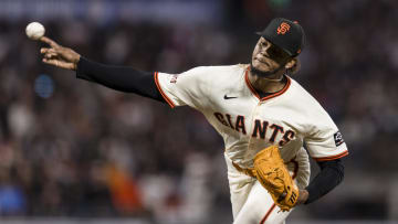 Jun 10, 2024; San Francisco, California, USA; San Francisco Giants closing pitcher Camilo Doval (75) throws against the Houston Astros during the ninth inning at Oracle Park. 