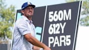 Sep 21, 2024; Carrolton, Texas, USA; Bryson DeChambeau of the Crushers GC plays his shot from the 16th tee during the LIV Golf Dallas Team Championship Semifinals at Maridoe Golf Club. Mandatory Credit: Raymond Carlin III-Imagn Images