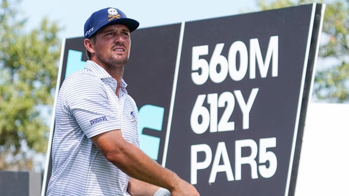 Sep 21, 2024; Carrolton, Texas, USA; Bryson DeChambeau of the Crushers GC plays his shot from the 16th tee during the LIV Golf Dallas Team Championship Semifinals at Maridoe Golf Club. Mandatory Credit: Raymond Carlin III-Imagn Images Sep 21, 2024; Carrolton, Texas, USA; Bryson DeChambeau of the Crushers GC plays his shot from the 16th tee during the LIV Golf Dallas Team Championship Semifinals at Maridoe Golf Club. Mandatory Credit: Raymond Carlin III-Imagn Images