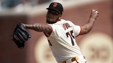 Jun 8, 2025; San Francisco, California, USA; San Francisco Giants pitcher Camilo Doval (75) delivers a pitch against the Atlanta Braves during the ninth inning at Oracle Park. Mandatory Credit: D. Ross Cameron-Imagn Images