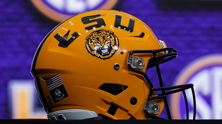 Jul 18, 2022; Atlanta, GA, USA; LSU Tigers helmet on the stage during SEC Media Days at the College Football Hall of Fame. Jul 18, 2022; Atlanta, GA, USA; LSU Tigers helmet on the stage during SEC Media Days at the College Football Hall of Fame.