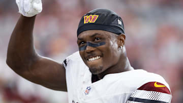 Sep 29, 2024; Glendale, Arizona, USA; Washington Commanders wide receiver Terry McLaurin (17) against the Arizona Cardinals at State Farm Stadium. Mandatory Credit: Mark J. Rebilas-Imagn Images