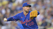 Jun 4, 2025; Los Angeles, California, USA; New York Mets pitcher Griffin Canning (46) delivers a pitch during the first inning against the Los Angeles Dodgers at Dodger Stadium. Mandatory Credit: Jayne Kamin-Oncea-Imagn Images