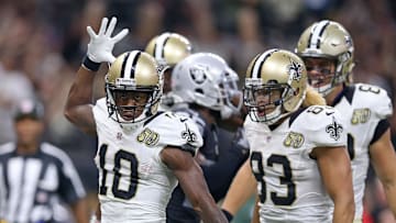 Sep 11, 2016; New Orleans, LA, USA; New Orleans Saints wide receiver Brandin Cooks (10) celebrates his second quarter touchdown catch against the Oakland Raiders at the Mercedes-Benz Superdome. Mandatory Credit: Chuck Cook-Imagn Images