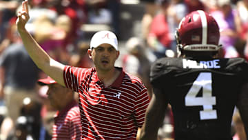 Apr 22, 2023; Tuscaloosa, AL, USA; Alabama offensive coordinator Tommy Rees yells instructions during the A-Day game at Bryant-Denny Stadium. Mandatory Credit: Gary Cosby-Imagn Images