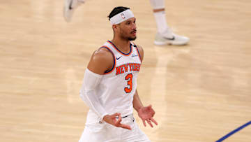 May 16, 2025; New York, New York, USA; New York Knicks guard Josh Hart (3) celebrates his three point shot against the Boston Celtics during the third quarter of game six in the second round of the 2025 NBA Playoffs at Madison Square Garden. Mandatory Credit: Brad Penner-Imagn Images