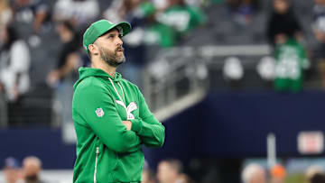 Nov 23, 2025; Arlington, Texas, USA; Philadelphia Eagles head coach Nick Sirianni looks on before the game against the Dallas Cowboys at AT&T Stadium. 