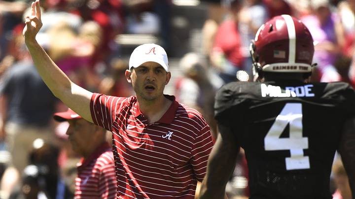 Apr 22, 2023; Tuscaloosa, AL, USA; Alabama offensive coordinator Tommy Rees yells instructions during the A-Day game at Bryant-Denny Stadium. Mandatory Credit: Gary Cosby-Imagn Images