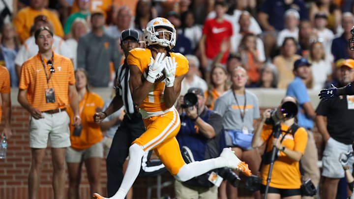 Sep 14, 2024; Knoxville, Tennessee, USA; Tennessee Volunteers wide receiver Chris Brazzell II (17) catches a pass for a touchdown against the Kent State Golden Flashes at Neyland Stadium. Mandatory Credit: Randy Sartin-Imagn Images