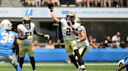 Aug 10, 2025; Inglewood, California, USA; New Orleans Saints quarterback Spencer Rattler (2) throws a pass during the first quarter against the Los Angeles Chargers at SoFi Stadium. Mandatory Credit: Jon Endow-Imagn Images