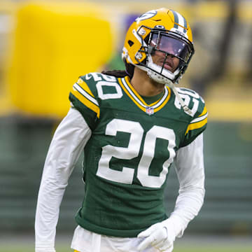 Jan 16, 2021; Green Bay, Wisconsin, USA; Green Bay Packers cornerback Kevin King (20) against the Los Angeles Rams during the NFC Divisional Round at Lambeau Field. Mandatory Credit: Mark J. Rebilas-Imagn Images