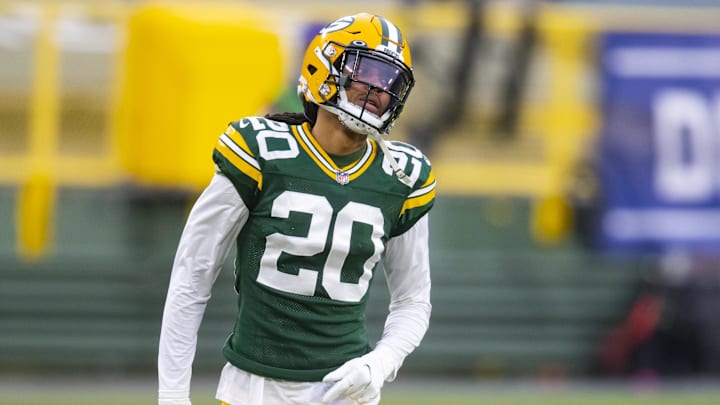 Jan 16, 2021; Green Bay, Wisconsin, USA; Green Bay Packers cornerback Kevin King (20) against the Los Angeles Rams during the NFC Divisional Round at Lambeau Field. Mandatory Credit: Mark J. Rebilas-Imagn Images